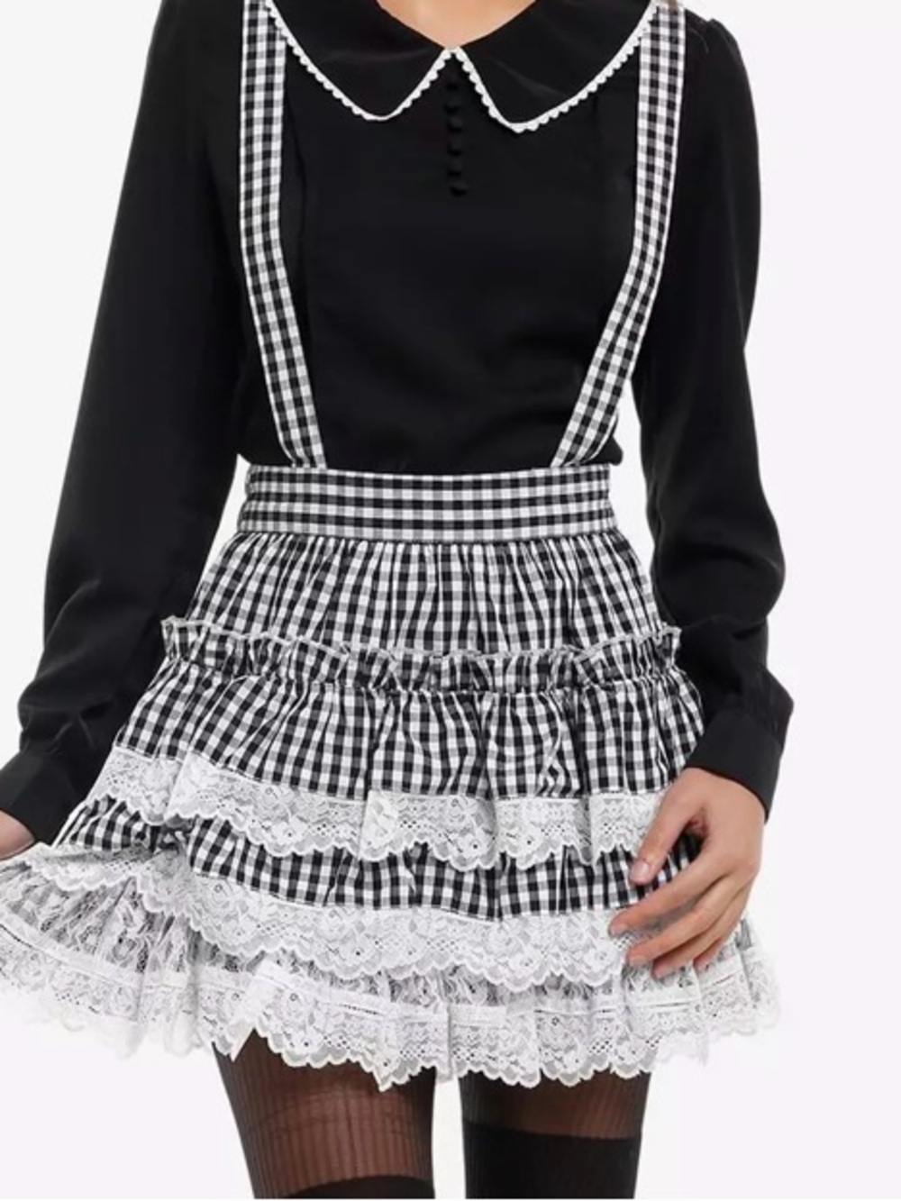 Hot Topic Thorn & Fable Black & White Gingham Lace Tiered Skirtall